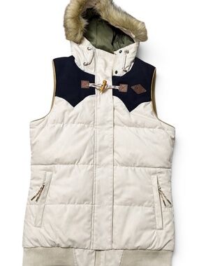 Picture Organic Holly Puffer Vest Cream Hooded Toggle Snap Zip Small
